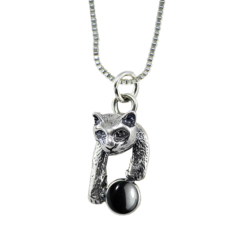 Sterling Silver Playful Little Cat Pendant With Hematite